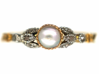 Georgian 18ct Gold, White Enamel, Natural Split Pearl & Rose Diamond Ring Georgian 18ct Gold, White Enamel, Natural Split Pearl & Rose Diamond Ring