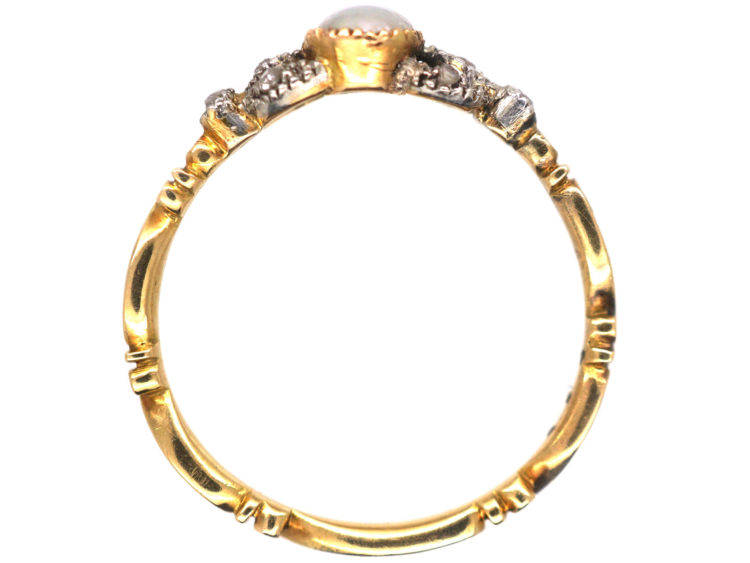 Georgian 18ct Gold, White Enamel, Natural Split Pearl & Rose Diamond Ring