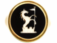 Edwardian 18ct Gold Signet Ring with Onyx Intaglio of a Rearing Horse with Flag