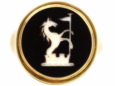 Edwardian 18ct Gold Signet Ring with Onyx Intaglio of a Rearing Horse with Flag