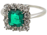 Art Deco Platinum, Emerald & Diamond Square Ring