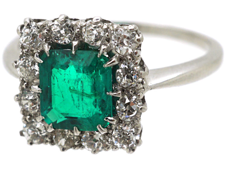 Art Deco Platinum, Emerald & Diamond Square Ring