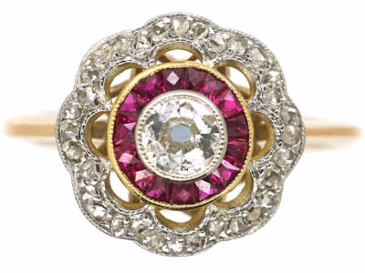 Art Deco 18ct Gold & Platinum, Diamond & Ruby Target Ring
