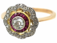 Art Deco 18ct Gold & Platinum, Diamond & Ruby Target Ring
