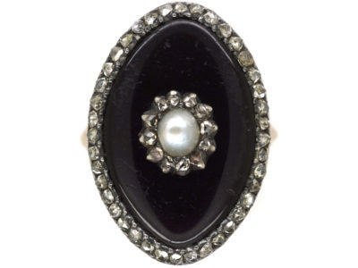 Georgian 9ct Gold, Enamel, Rose Diamond & Natural Split Pearl Navette Shaped Ring
