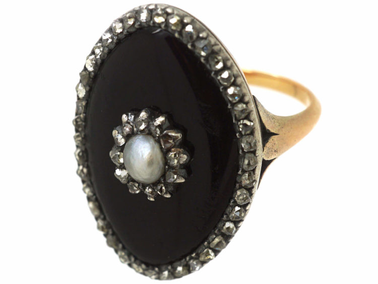 Georgian 9ct Gold, Enamel, Rose Diamond & Natural Split Pearl Navette Shaped Ring