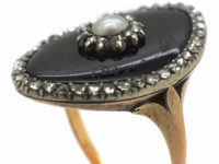 Georgian 9ct Gold, Enamel, Rose Diamond & Natural Split Pearl Navette Shaped Ring