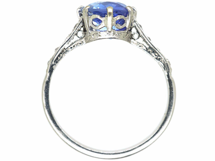 Art Deco Platinum, Ceylon Sapphire Ring with Diamond Set Shoulders