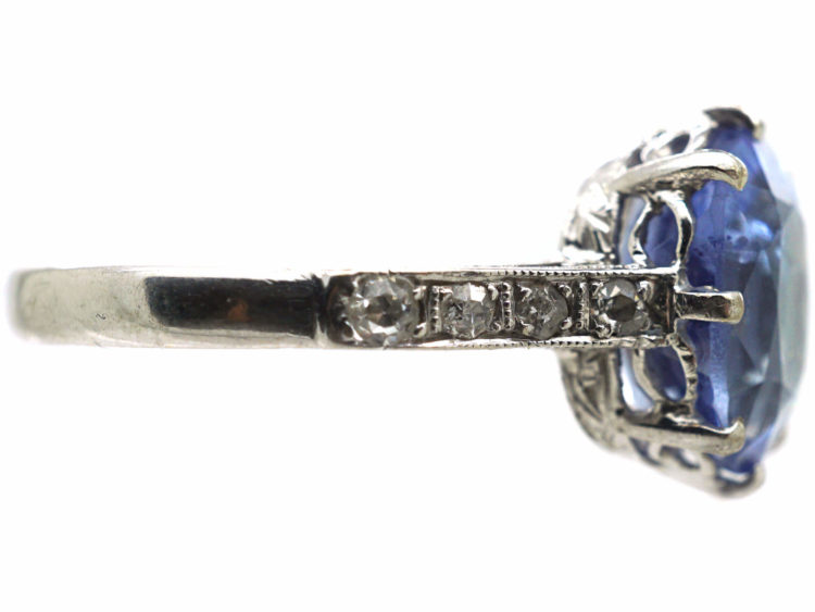 Art Deco Platinum, Ceylon Sapphire Ring with Diamond Set Shoulders