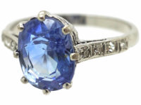 Art Deco Platinum, Ceylon Sapphire Ring with Diamond Set Shoulders