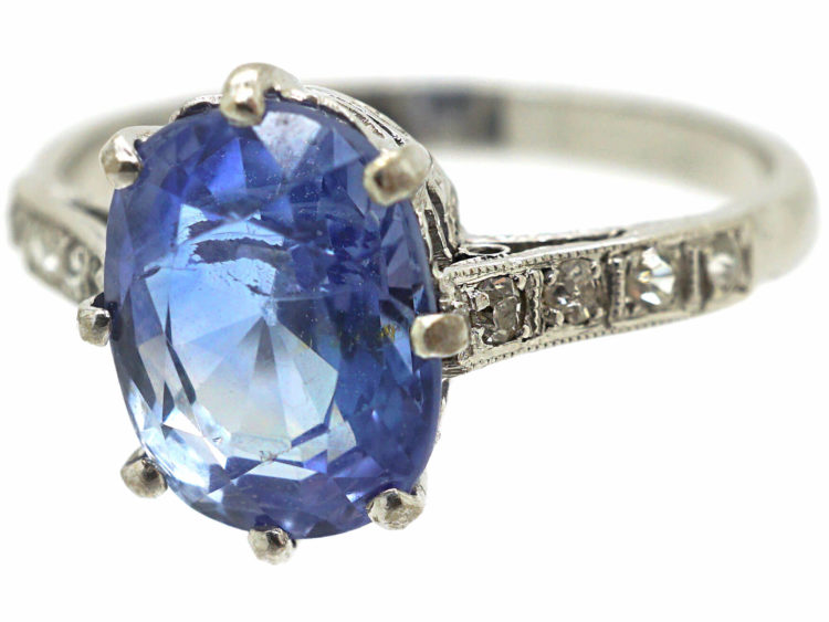 Art Deco Platinum, Ceylon Sapphire Ring with Diamond Set Shoulders