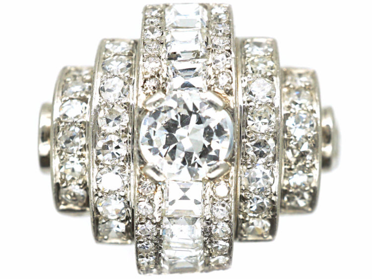 Art Deco 18ct White Gold & Diamond Curve Design Ring