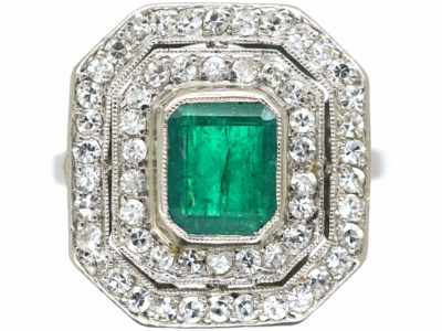 Art Deco Platinum, Emerald & Diamond Octagonal Shaped Ring