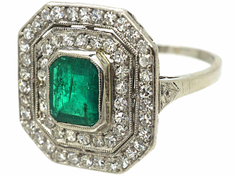 Art Deco Platinum, Emerald & Diamond Octagonal Shaped Ring