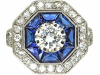 French Platinum Sapphire & Diamond Octagonal Ring