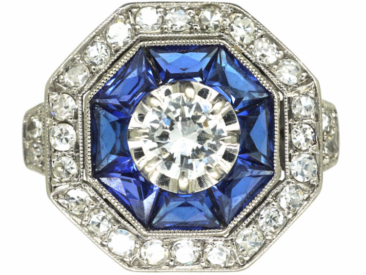 French Platinum Sapphire & Diamond Octagonal Ring