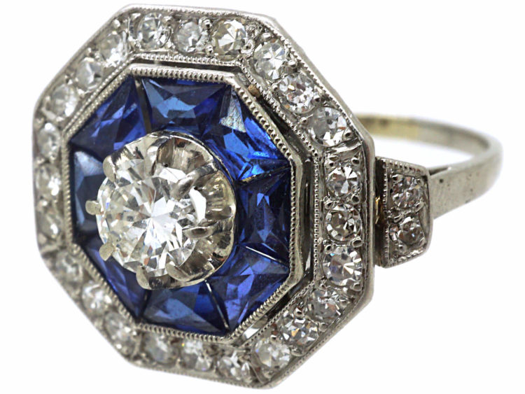 French Platinum Sapphire & Diamond Octagonal Ring