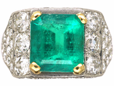 Retro Platinum & 18ct Gold, Emerald & Diamond Ring