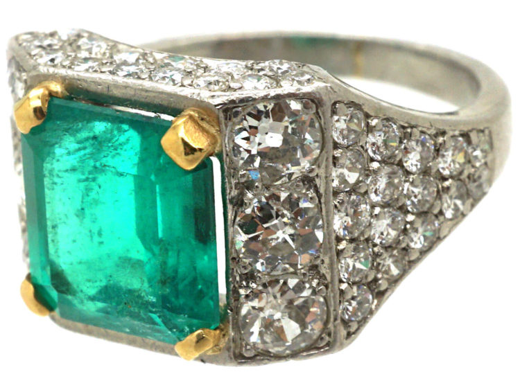 Retro Platinum & 18ct Gold, Emerald & Diamond Ring