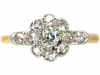 Edwardian 18ct Gold & Platinum, Diamond Cluster Ring with Diamond Set Shoulders