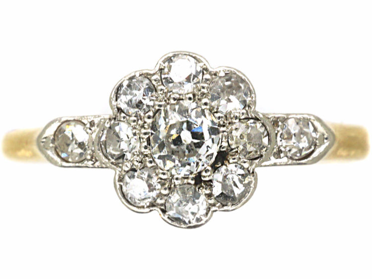 Edwardian 18ct Gold & Platinum, Diamond Cluster Ring with Diamond Set Shoulders