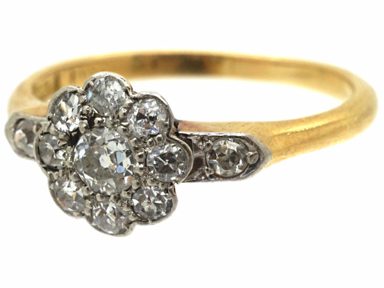 Edwardian 18ct Gold & Platinum, Diamond Cluster Ring with Diamond Set Shoulders