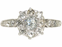 Edwardian 18ct White Gold & Platinum, Diamond Cluster Ring with Diamond set Shoulders