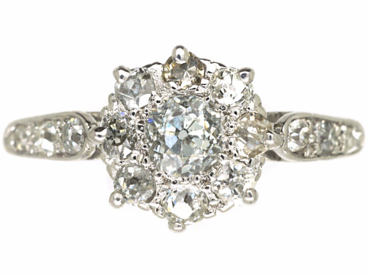 Edwardian 18ct White Gold & Platinum, Diamond Cluster Ring with Diamond set Shoulders