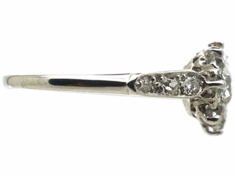 Edwardian 18ct White Gold & Platinum, Diamond Cluster Ring with Diamond set Shoulders