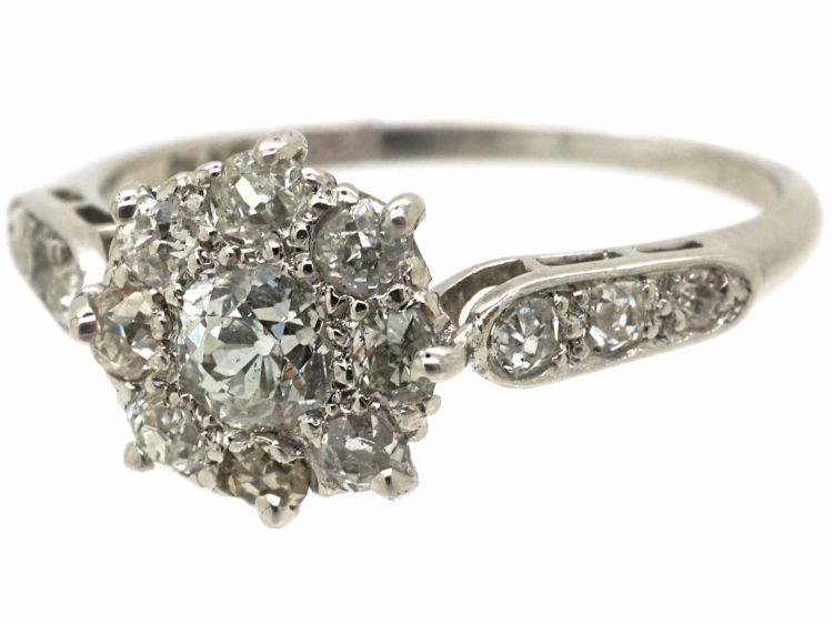 Edwardian 18ct White Gold & Platinum, Diamond Cluster Ring with Diamond set Shoulders