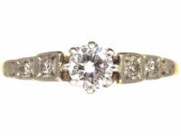 Art Deco 18ct Gold & Platinum, Diamond Solitaire Ring with Diamond Set Shoulders
