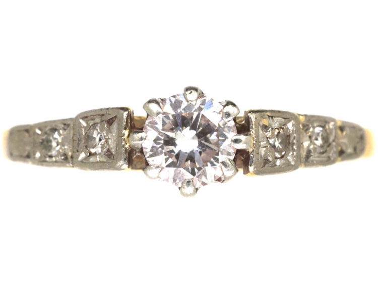 Art Deco 18ct Gold & Platinum, Diamond Solitaire Ring with Diamond Set Shoulders