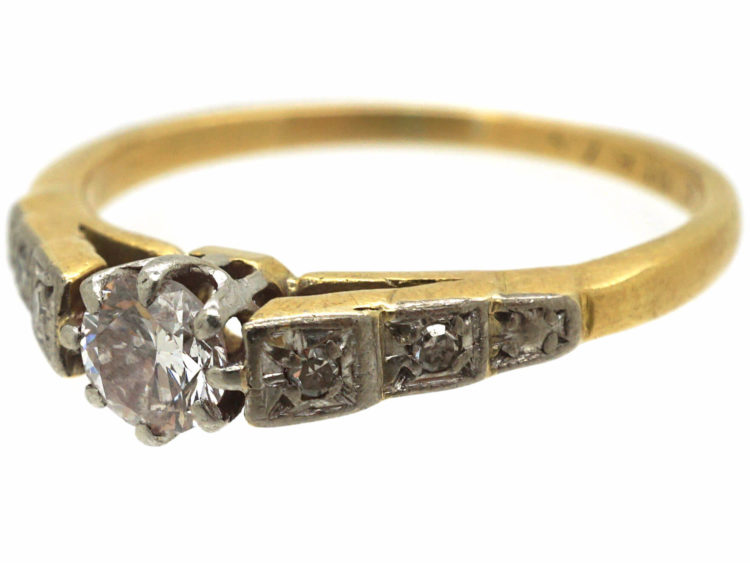 Art Deco 18ct Gold & Platinum, Diamond Solitaire Ring with Diamond Set Shoulders