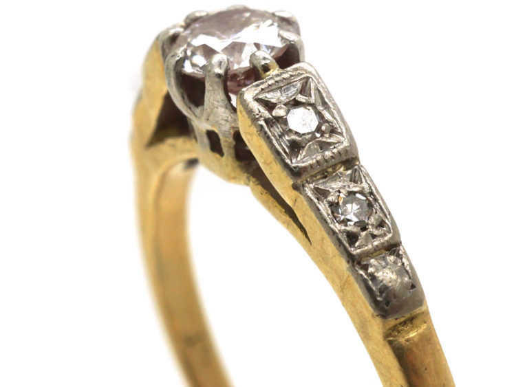 Art Deco 18ct Gold & Platinum, Diamond Solitaire Ring with Diamond Set Shoulders
