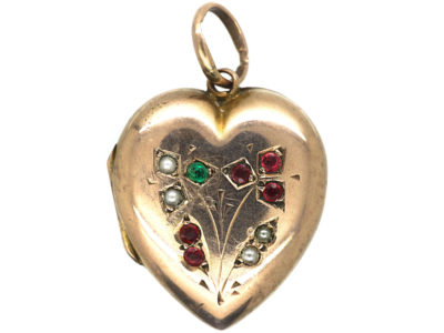 Edwardian 9ct Gold Heart Shaped Locket set with Green, Red Paste & Pearls