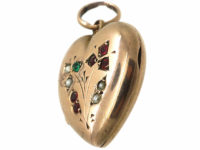 Edwardian 9ct Gold Heart Shaped Locket set with Green, Red Paste & Pearls
