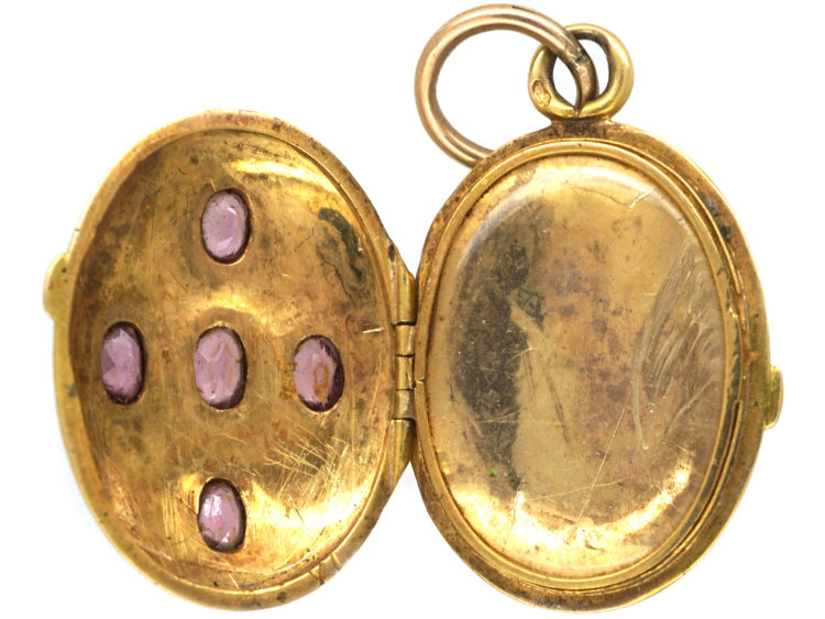 French 19th Century 18ct Gold Oval Locket set with Almandine Garnets & Natural Split Pearls