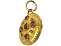 French 19th Century 18ct Gold Oval Locket set with Almandine Garnets & Natural Split Pearls