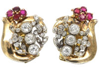 Retro 18ct White & Yellow Gold, Ruby & Diamond Clip On Earrings