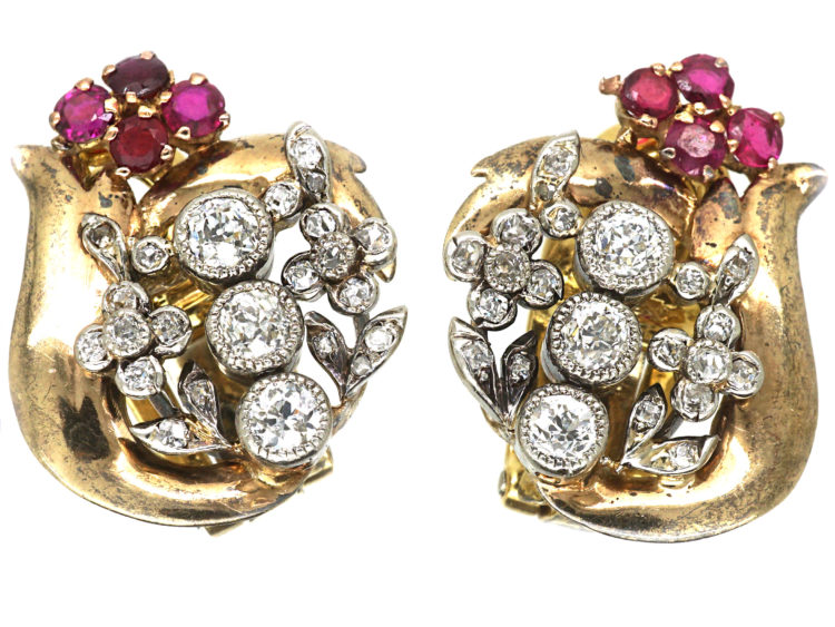 Retro 18ct White & Yellow Gold, Ruby & Diamond Clip On Earrings