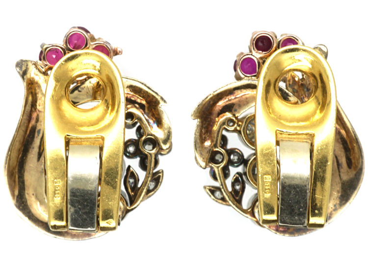 Retro 18ct White & Yellow Gold, Ruby & Diamond Clip On Earrings