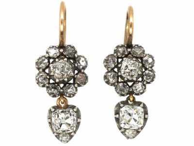 Georgian Old Mine Cut Cluster Earrings with Heart Shaped Diamond Drops