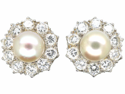 18ct White Gold, Pearl & Diamond Cluster Earrings