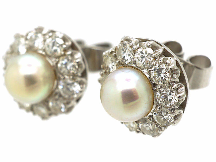 18ct White Gold, Pearl & Diamond Cluster Earrings