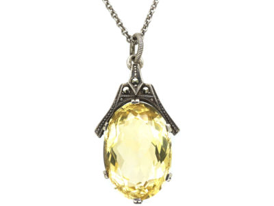 Art Deco Silver, Marcasite & Citrine Pendant on a Silver Chain