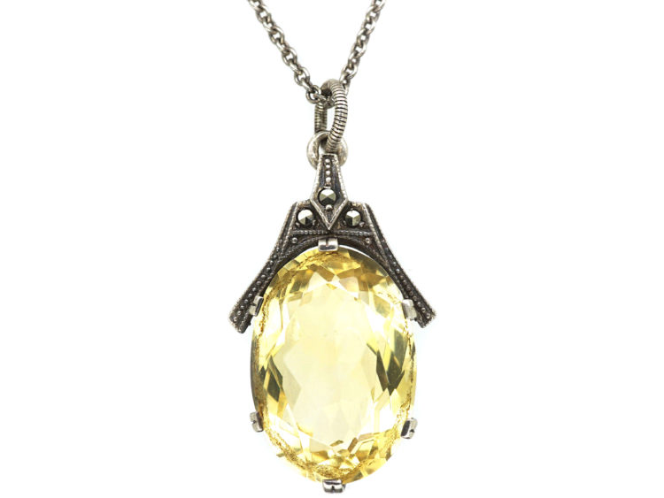Art Deco Silver, Marcasite & Citrine Pendant on a Silver Chain