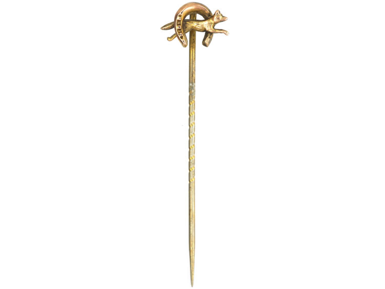 Edwardian 9ct Gold Fox Running Through a Horseshoe Tie Pin