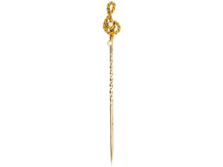 Edwardian 15ct Gold Treble Clef Tie Pin set with Two Natural Pearls