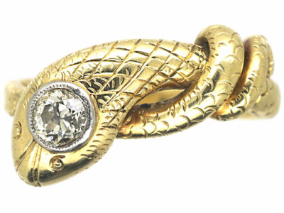Edwardian 14ct Gold & Platinum Snake Ring set with a Diamond
