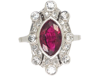 Art Deco Platinum, Marquise Cut Ruby & Diamond Ring